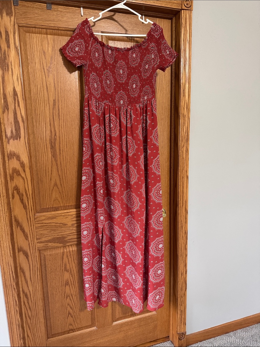 Girls' Red Off-Shoulder Maxi Dress with Smocked Bodice